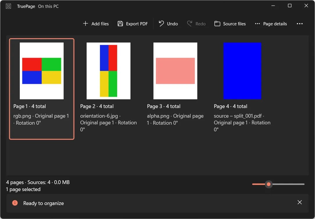 TruePage’s development workspace with four synthetic PDF and image pages, a selected page, Add files, Export PDF, Undo, and page controls.
